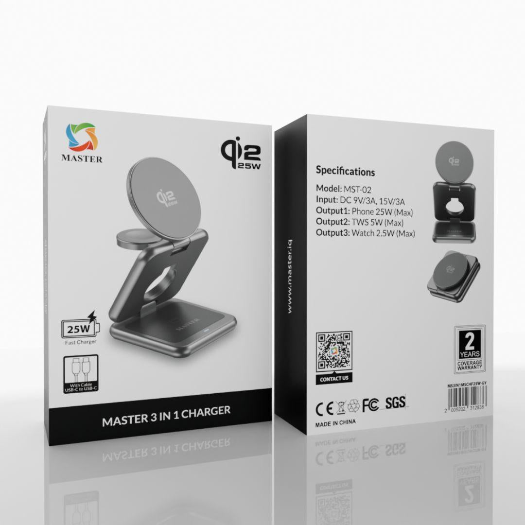 شاحن ماستر لاسلكي 3 في 1 ماغسيف قابل للطي بقدرة شحن 25 واط - رمادي | MASTER 3-in-1 MagSafe Qi2.2 Foldable Charger 25W - Grey