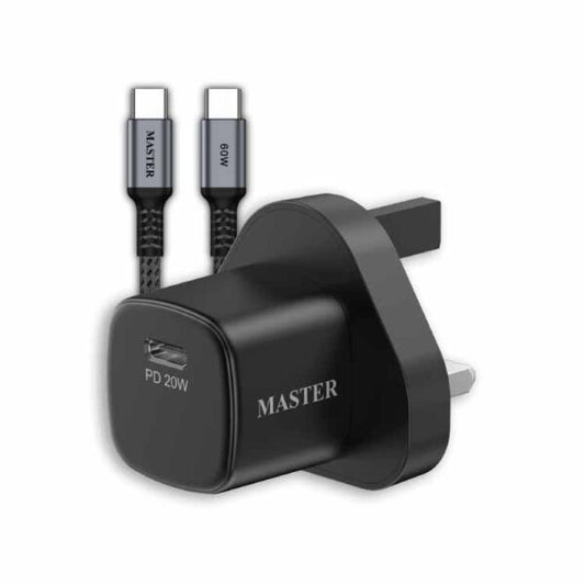 شاحن ماستر صغير بقدرة 20 واط مع كيبل يو اس بي سي الى يو اس بي سي بقدرة 60 واط - اسود | MASTER PD 20W MINI CHARGER WITH 60W C to C CABLE – Black