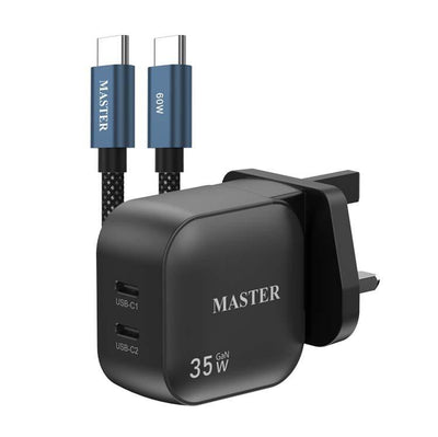 Master 35W Charger 2 Port USB-C with Cable USB-C to USB-C 60W Black MSCH2PTC60W-BK