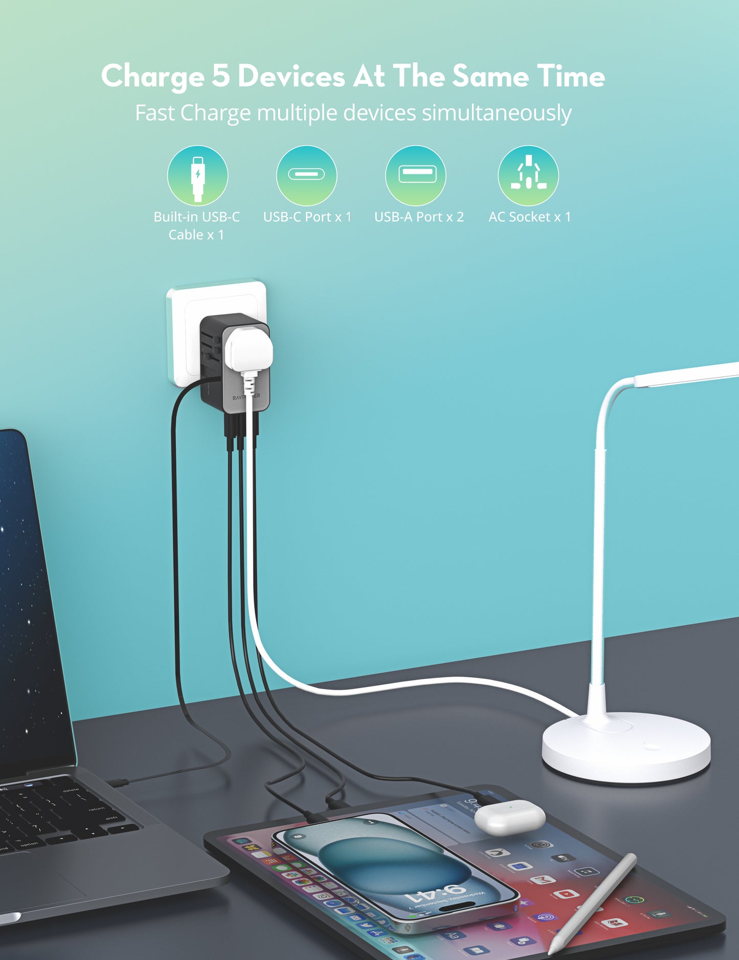 Şarjêrê rêwîtiyê ya RAVPower RP-PC1061 70W PD bi kabloya USB-C ya çêkirî | Şarjêrê rêwîtiyê ya RAVPower RP-PC1061 70W PD bi kabloya USB-C ya vekişîner