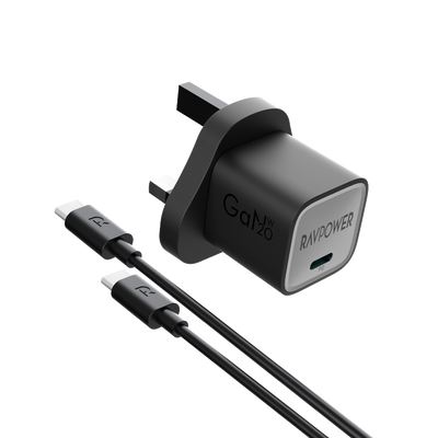 شاحن جداري راف باور بقدرة شحن 20 واط مع كيبل تايب سي الى تايب سي | RAVPower RP-PC1057 20W GaN PD Wall Charger with USB-C to USB-C Cable