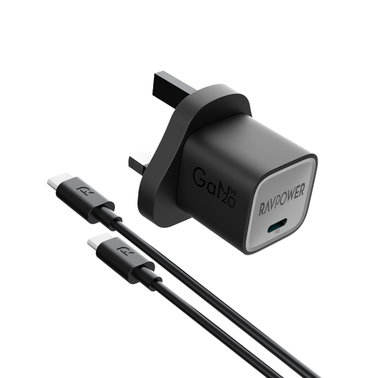 Şarjêra Dîwêr a RAVPower RP-PC1057 20W GaN PD bi Kabloya USB-C ber USB-C - Şarjêra RAVPower 20W bi kabloya Type-C ber USB-C - PD ya bilez, mezinahiya kompakt, teknolojiya GaN