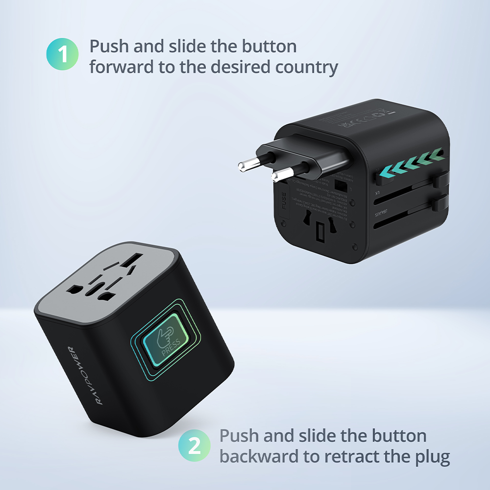 Plug-a Rêwîtiyê ya Gerdûnî ya RAVPower RP-PC1044 1840W - Adaptora Rêwîtiyê ya Gerdûnî ya RAVPower, 1840W