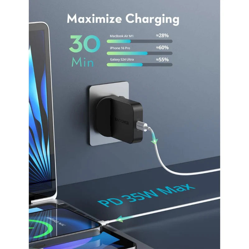 Şarjêra Dîwêr a RAVPower PC1082 35W PD GaN USB-C - Reş | Şarjêra Dîwêr a RAVPower RP-PC1082 35W PD GaN 5.0 USB-C - Reş