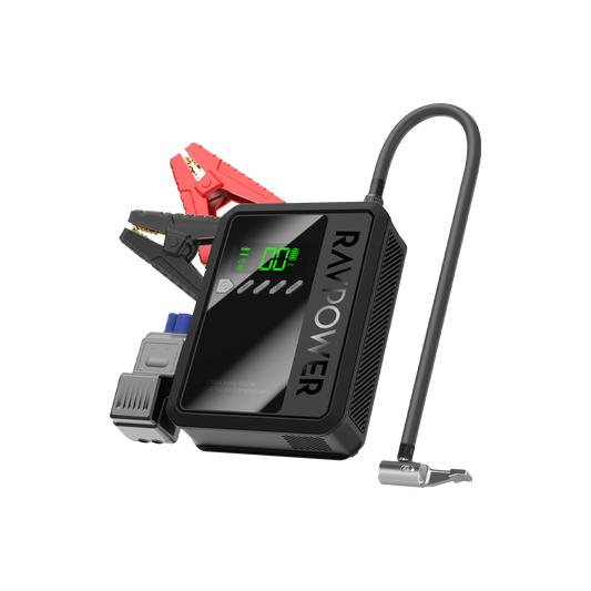 RavPower 2-di-1ê Destpêkera Bazirganiyê bi Banka Hêzê ya 8000mAh û Kompresora Hewayê - Reş | RavPower 2-di-1ê Destpêkera Bazirganiyê RP-PB1240 bi Banka Hêzê, gewr, 8000mAh û Kompresora Hewayê - Reş
