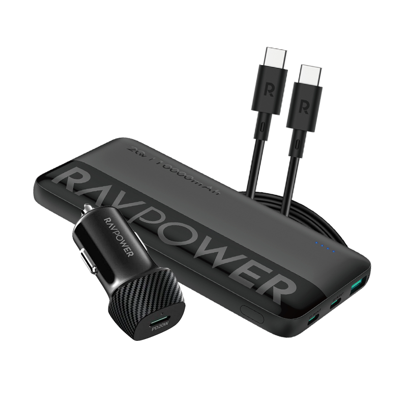 Kombînasyona Şarjêra Otomobîlê ya RAVPower RP-VC1014 bi Bankeya Hêzê ya 10,000mAh û Kabloya USB-C ya 60W