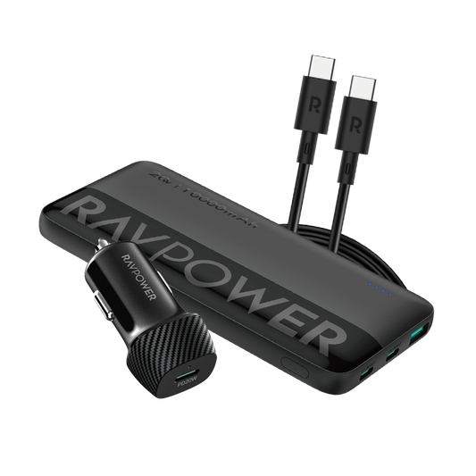 Kombînasyona Şarjêra Otomobîlê ya RAVPower RP-VC1014 bi Bankeya Hêzê ya 10,000mAh û Kabloya USB-C ya 60W