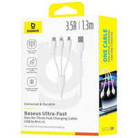 Baseus Ultra-Fast 3-in-1 Cable USB-A to Micro+Lightning+Type-C 3.5A 1.3m White | كابل بيسوس الترا فاست 3 في 1 يو اس بي 3.5 أمبير 1.3 متر أبيض
