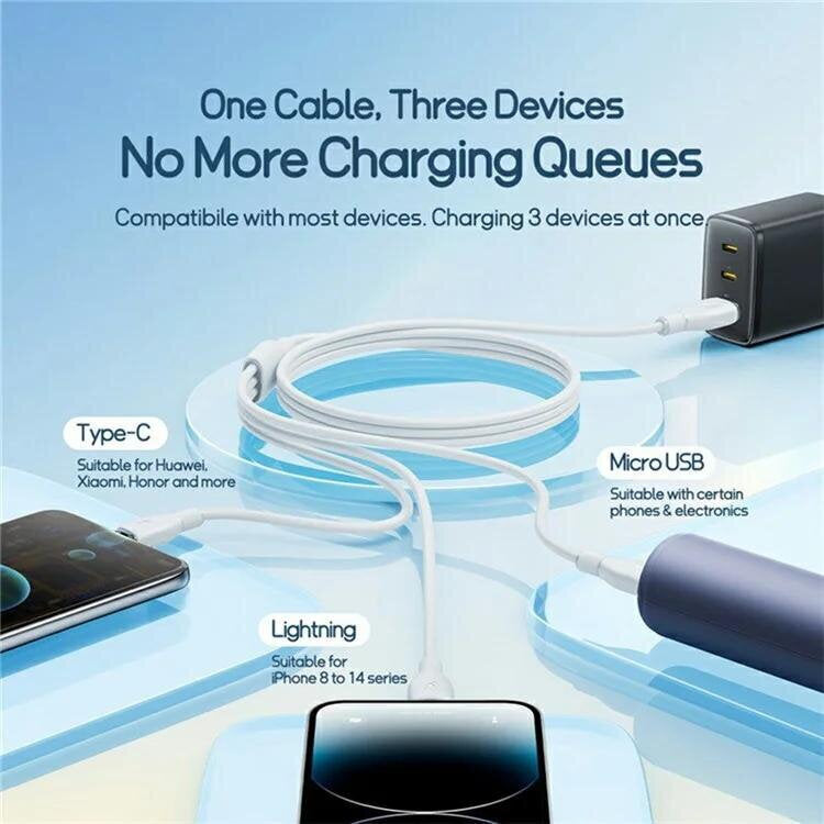 Baseus Ultra-Fast 3-in-1 Cable USB-A to Micro+Lightning+Type-C 3.5A 1.3m White | كابل بيسوس الترا فاست 3 في 1 يو اس بي 3.5 أمبير 1.3 متر أبيض