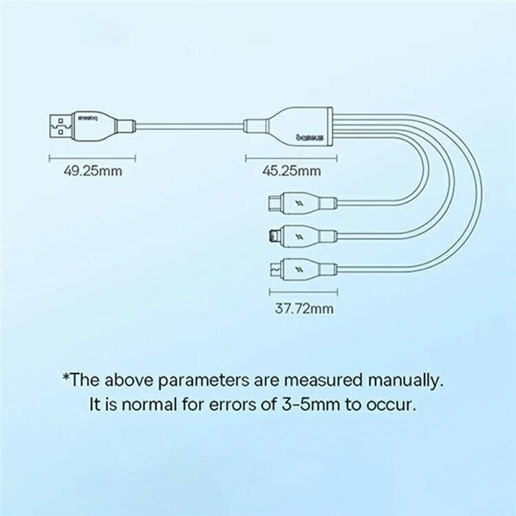 Baseus Ultra-Fast 3-in-1 Cable USB-A to Micro+Lightning+Type-C 3.5A 1.3m White | كابل بيسوس الترا فاست 3 في 1 يو اس بي 3.5 أمبير 1.3 متر أبيض
