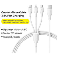 Baseus Ultra-Fast 3-in-1 Cable USB-A to Micro+Lightning+Type-C 3.5A 1.3m White | كابل بيسوس الترا فاست 3 في 1 يو اس بي 3.5 أمبير 1.3 متر أبيض