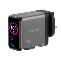 شاحن ماستر GaN بمنفذي تايب سي و يو اس بي اي وبقدرة شحن 100 واط مع كيبل تايب سي مدمج - رمادي | Master Charger TFT-100W GaN Dual USB-C + USB-A with Built-in Type-C Cable - Grey