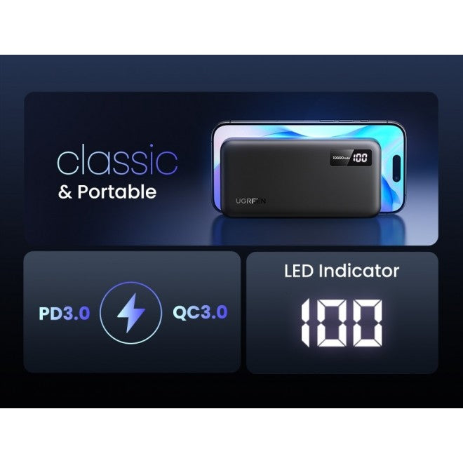 UGREEN 10000mAh Two-way Fast Charging Power Bank Black - باور بانك يوجرين 10000 شحن سريع ثنائي الاتجاه أسود