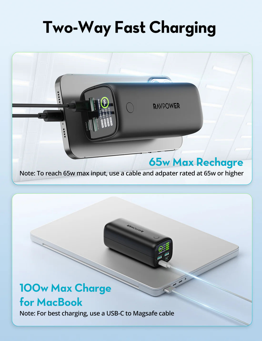 باور بانك راف باور PB208 Ultra بسعة 20,000 مللي امبير وبقدرة شحن 100 واط - اسود | RAVPower PB208 Ultra 20000mAh PD 100W Power Bank - Black