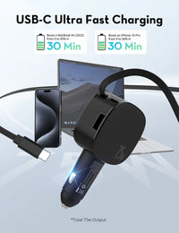شاحن سيارة راف باور RP-VC1021 بقدرة 75 واط مع كيبل قابل للسحب - أسود | RAVPower RP-VC1021 Car Charger 75W with Retractable Cable - Black