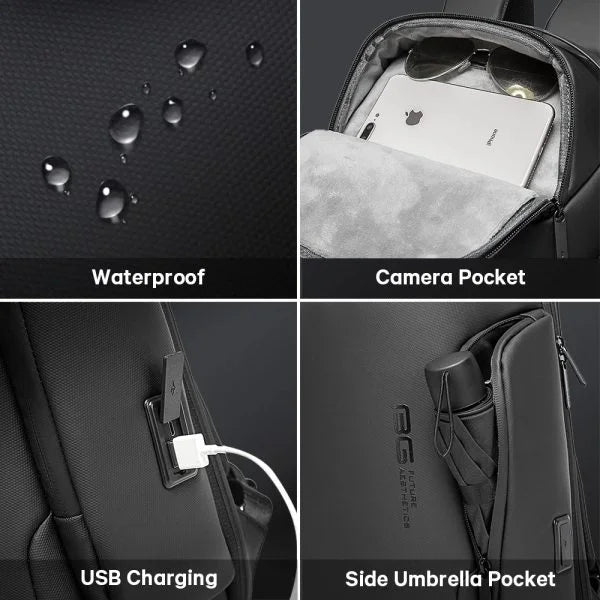 Çenteya Piştê ya Pir-Beş a Bange Dire bi Qulfa TSA û Porta Barkirina USB | Çenteya Piştê ya Laptopê ya Pir-Beş a Future Aesthetic a Bange Dire - Reş
