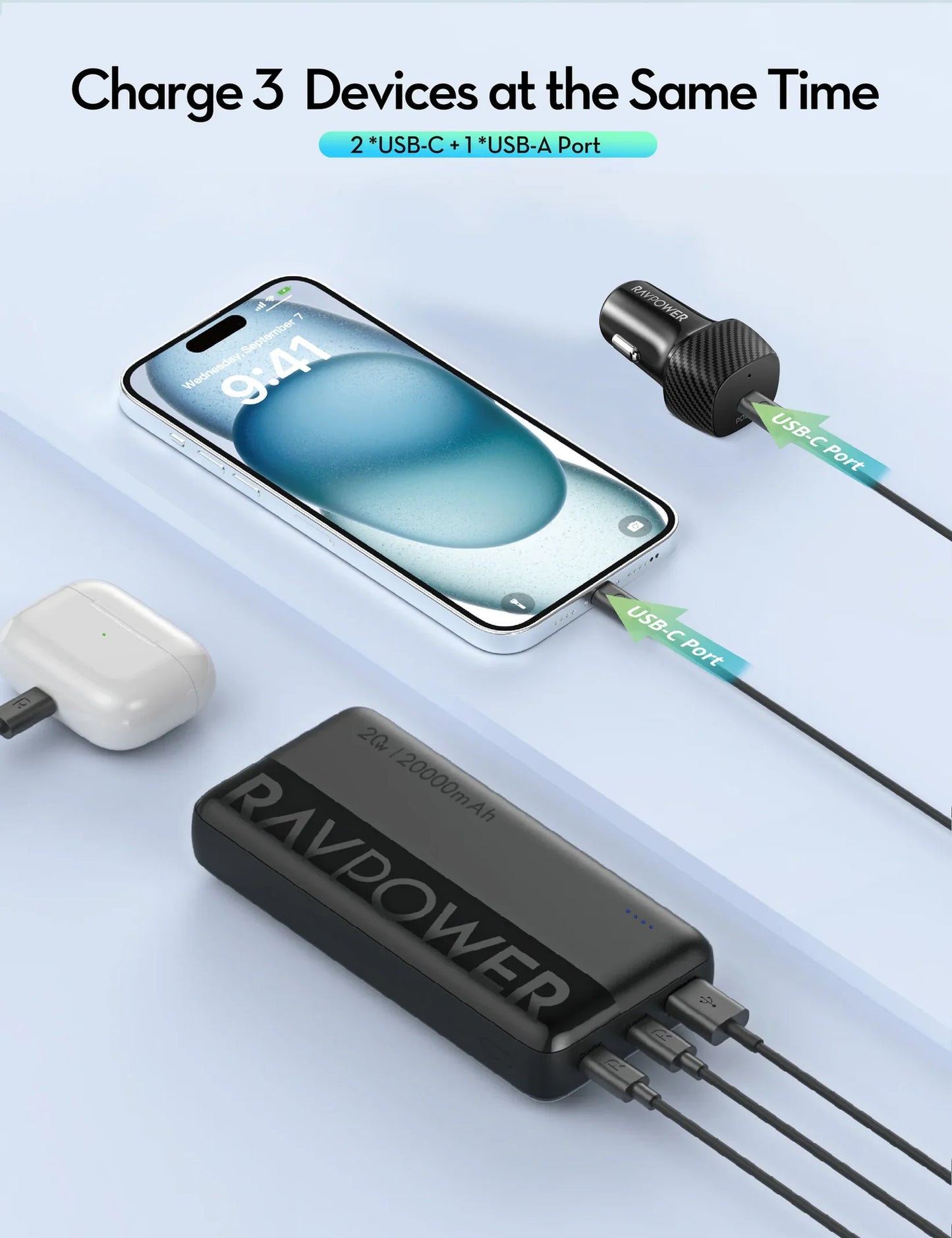 مجموعة شاحن السيارة راف باور RP-VC1015 كومبو RP-VC1017 + RP-PB1229 + CB1021 - اسود | RavPower RP-VC1015 Car Charger Combo RP-VC1017 + RP-PB1229 + CB1021 - Black