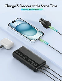 مجموعة شاحن السيارة راف باور RP-VC1015 كومبو RP-VC1017 + RP-PB1229 + CB1021 - اسود | RavPower RP-VC1015 Car Charger Combo RP-VC1017 + RP-PB1229 + CB1021 - Black