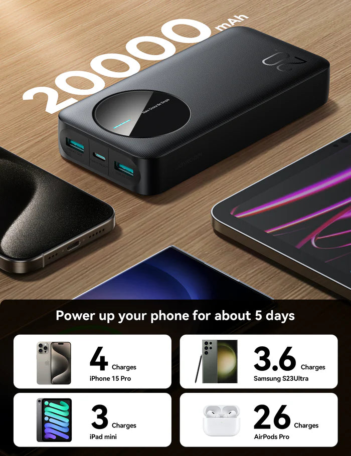 Bankeya Hêzê ya Joyroom JR-PBF14 20000mAh bi 3 Portan û Dîmendera LED