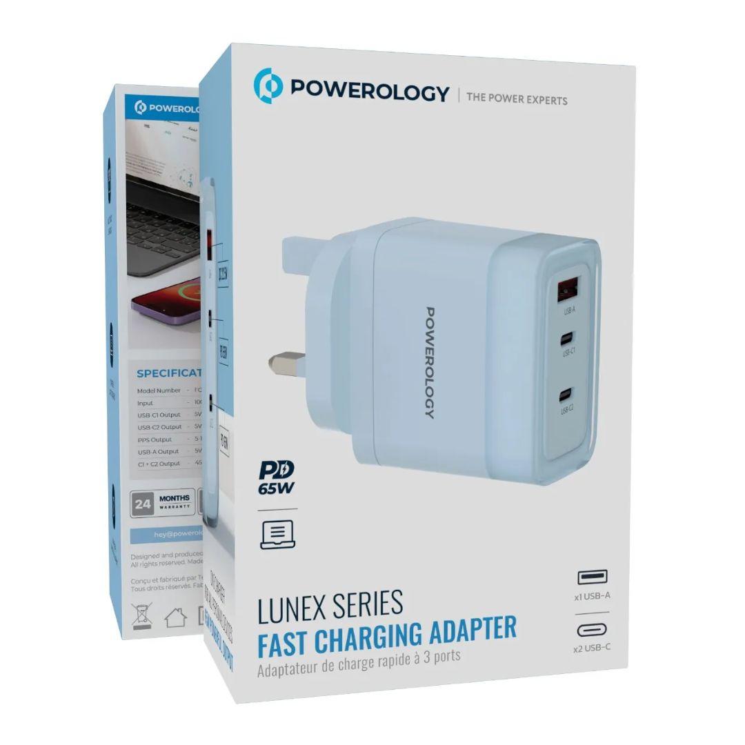 شاحن باورولوجي Lunex PD 65 واط USB-C شحن سريع – محول طاقة عالي للأجهزة واللابتوب | Powerology Lunex Series 65W PD Fast Charging USB-C Adapter