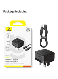 Baseus Palm Charger 1C 20W UK Black with Cable C→iP 1m | شاحن بيسوس بالم 20 واط مع كابل 1 متر