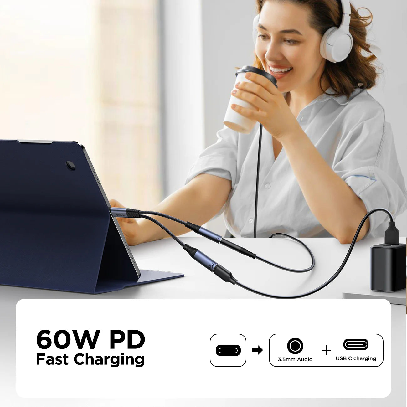 محول جويرووم SY-C02 للصوت 2 في 1 من تايب سي الى تايب سي و 3.5 ملم | Joyroom SY-C02 Audio-Transfer Series 2-in-1 Audio Adapter (Type-C to 3.5mm + Type-C)