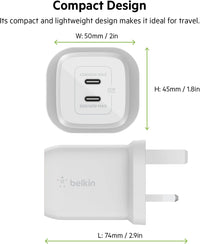 شاحن حائط بيلكين GaN بمنفذي تايب سي وبقدرة شحن 65 واط | Belkin 65W Dual USB Type C Wall Charger Fast Charging Power Delivery 3.0 with GaN Technology