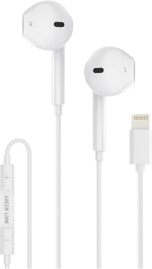 سماعات جرين لايون ستيريو السلكية بمنفذ لايتننغ - ابيض | Green Lion Wired Stereo Earphones with Lightning Connector – White