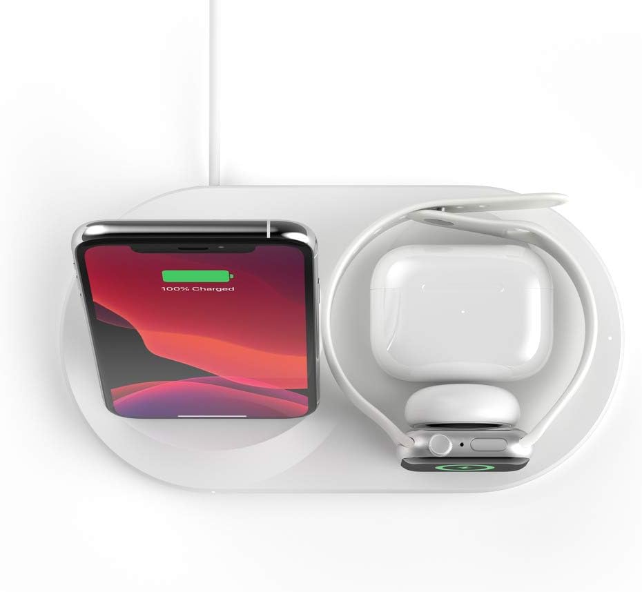 Şarjêra Bêtêl a Belkin BoostCharge 3-di-1ê de bi Qada Şarjêra Bêtêl a 7.5W ji bo Apple iPhone, Apple Watch, û AirPods 