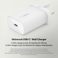 شاحن جداري بيلكن BoostCharge بمنفذ تايب سي وبقدرة شحن 25 واط | Belkin BoostCharge 25W wall charger with PPS USB charger plug with USB-C Power Delivery