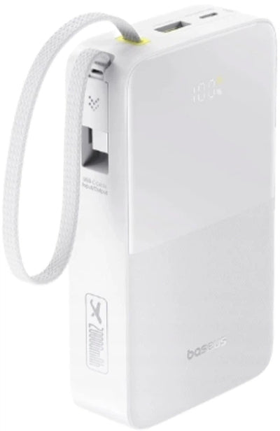 Baseus EnerFill FC51 Bipow2 Pro Power Bank 20000mAh 22.5W White Built-in Cable - باور بانك بيسوس انرفيل FC51 بايباو 2 برو 20000 مللي أمبير 22.5 واط أبيض بكيبل مدمج