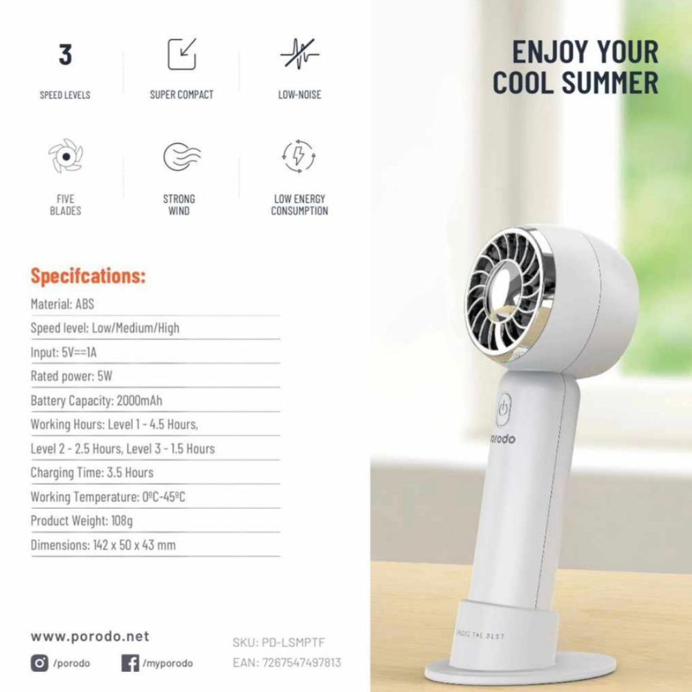 Porodo LifeStyle Mini Portable Turbo Cooling Fanosa Destan 5W 2000mAh - Spî