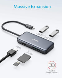 محول انكر تايب سي 5 في 1 مع منفذ HDMI  وقارئ بطاقات اس دي ومايكرو اس دي ومنفذين يو اس بي اي | Anker USB C Hub 5 in 1 USB C Adapter with 4K USB C to HDMI SD and microSD Card Reader 2 USB 3.0 Ports