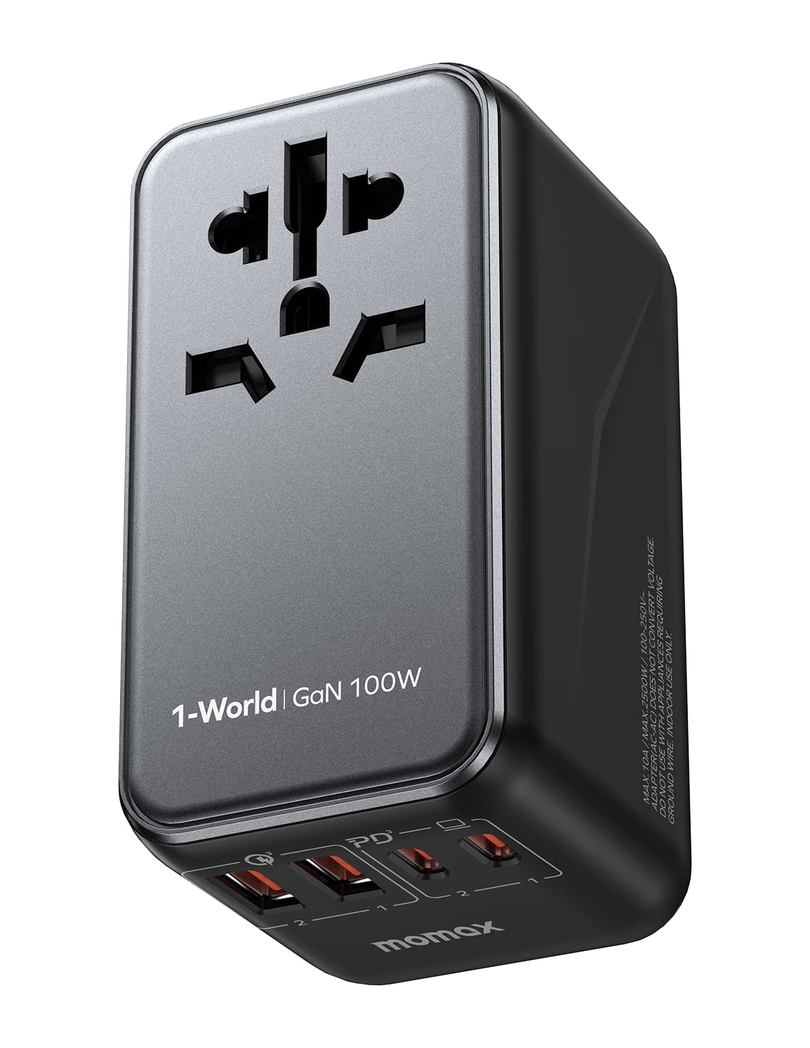 شاحن سفر موماكس 1-World  العالمي ب 4 منافذ وبقدرة شحن 100 واط | Momax 1-World 100W GaN Charger | 4-Port Universal Fast Charger with AC Travel Adapter