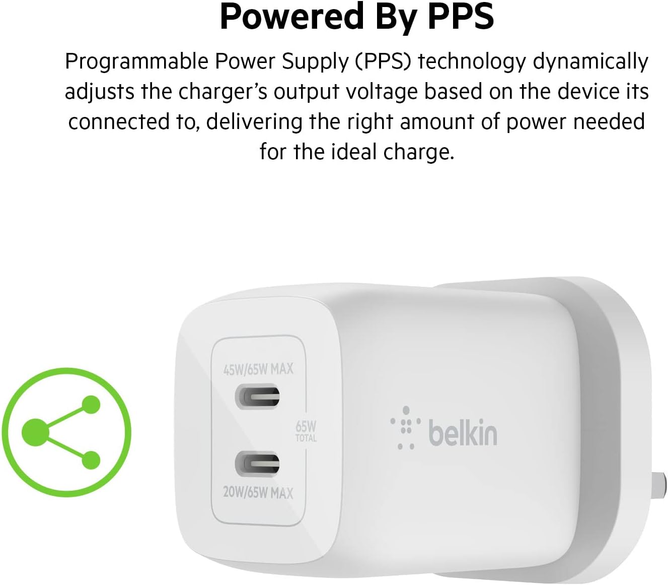 شاحن حائط بيلكين GaN بمنفذي تايب سي وبقدرة شحن 65 واط | Belkin 65W Dual USB Type C Wall Charger Fast Charging Power Delivery 3.0 with GaN Technology