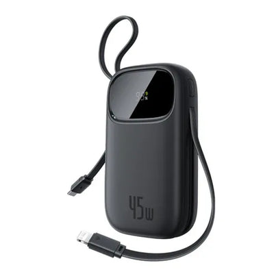 Baseus EnerFill FC31 Qpow 3 شاحن متنقل بشاشة رقمية مع كابلات USB-C+iP، 10,000 مللي أمبير/ساعة، 45 واط - أسود كوزميك