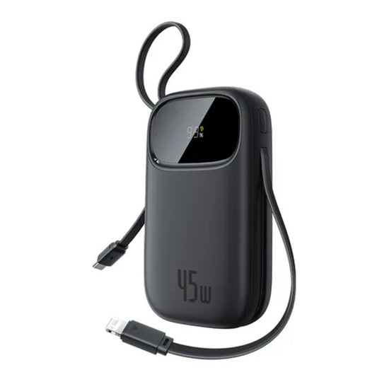 Baseus EnerFill FC31 Qpow 3 شاحن متنقل بشاشة رقمية مع كابلات USB-C+iP، 10,000 مللي أمبير/ساعة، 45 واط - أسود كوزميك