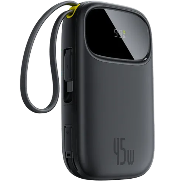 Baseus EnerFill FC31 Qpow 3 شاحن متنقل بشاشة رقمية مع كابلات USB-C+iP، 10,000 مللي أمبير/ساعة، 45 واط - أسود كوزميك