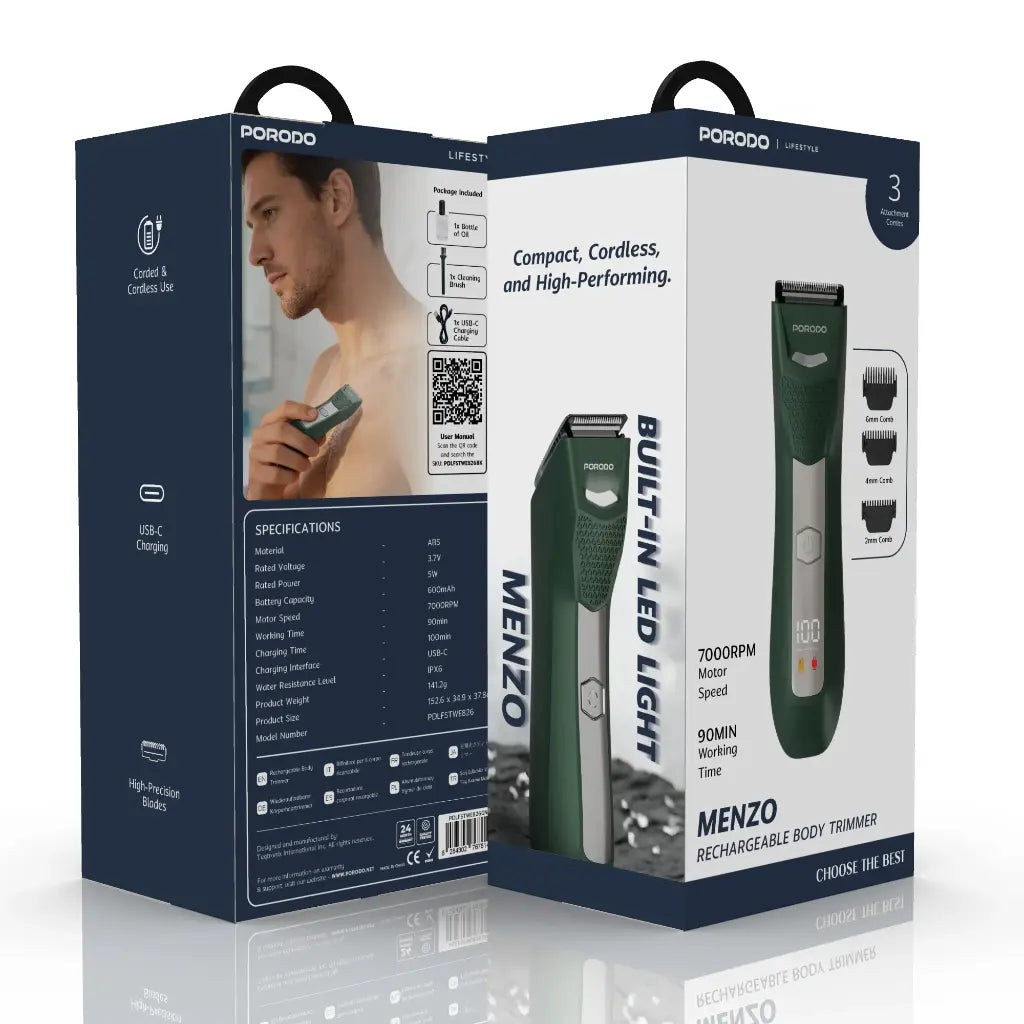 ماكينة تهذيب بورودو مينزو القابلة للشحن بموتور 7000RPM وعمل 90 دقيقة ومقاومة للماء IPX6 - أخضر | Porodo Lifestyle Menzo Rechargeable Trimmer Green