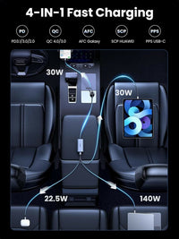 UGREEN 150W USB-C Car Charger with Extended USB-A+2×USB-C Charging Hub - شاحن سيارة يوجرين 150 واط مع هاب شحن ممتد 3 منافذ