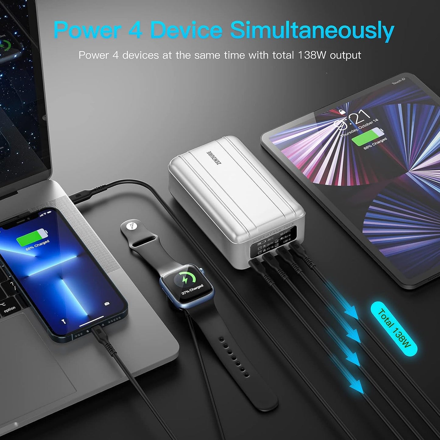 Şarjêra Laptopê ya Veguhêzbar a Zendure 100W PD 26800mAh Powerbank bi 4 Portên USB-C, 1 Adapter USB-A