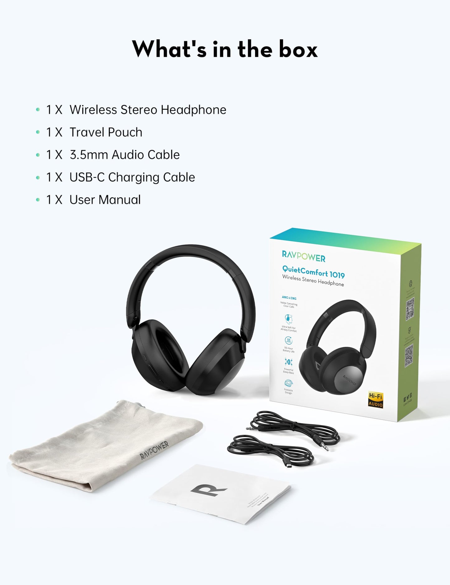Guhdarên Stereo yên Bêtêl ên RAVPower BH1019 Quiet Comfort li ser Guh bi Betalkirina Deng û Heta 55 Saetan Dema Lîstinê - Reş | Guhdarên Stereo yên Bêtêl ên RAVPower BH1019 Quiet Comfort li ser Guh (55 Saet Dema Lîstinê, ANC &amp; ENC) – Reş