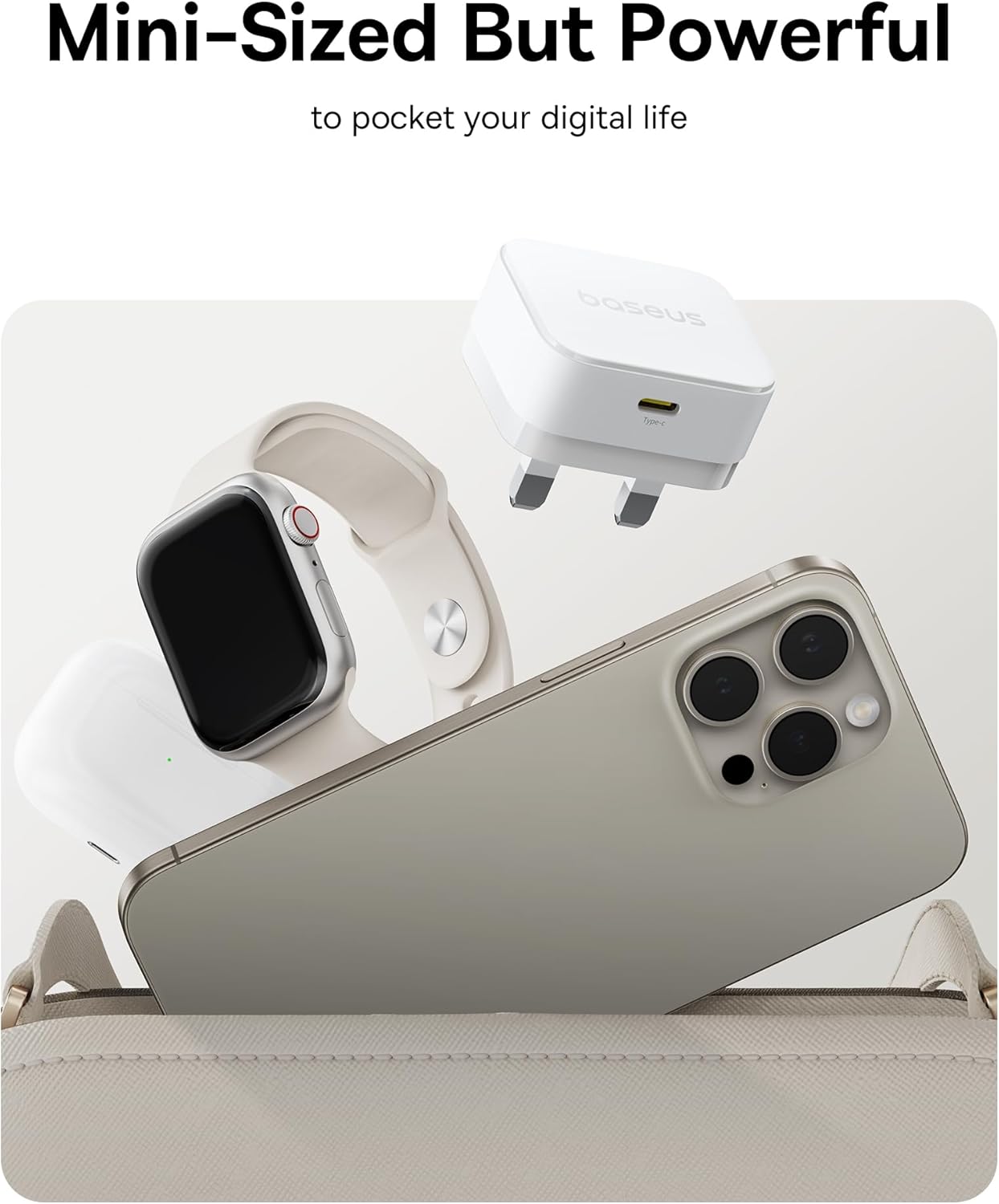Baseus Palm Charger 1C 20W UK White with Cable C→iP 20W 1m - شاحن بيسوس بالم 20 واط أبيض مع كابل
