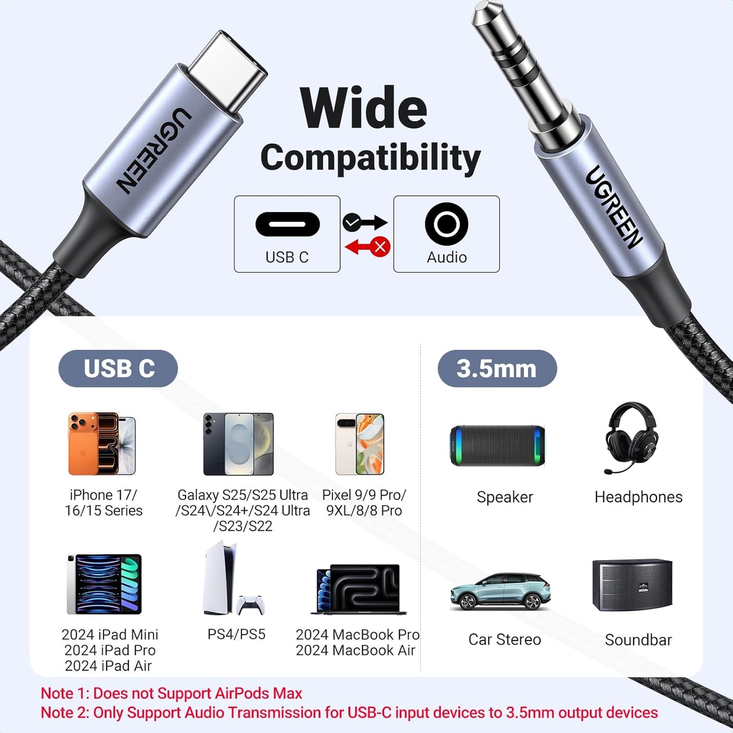UGREEN USB-C Male to 3.5mm Male Audio Cable with Chip 1M - كابل صوت يوجرين USB-C إلى 3.5 ملم مع شريحة 1 متر