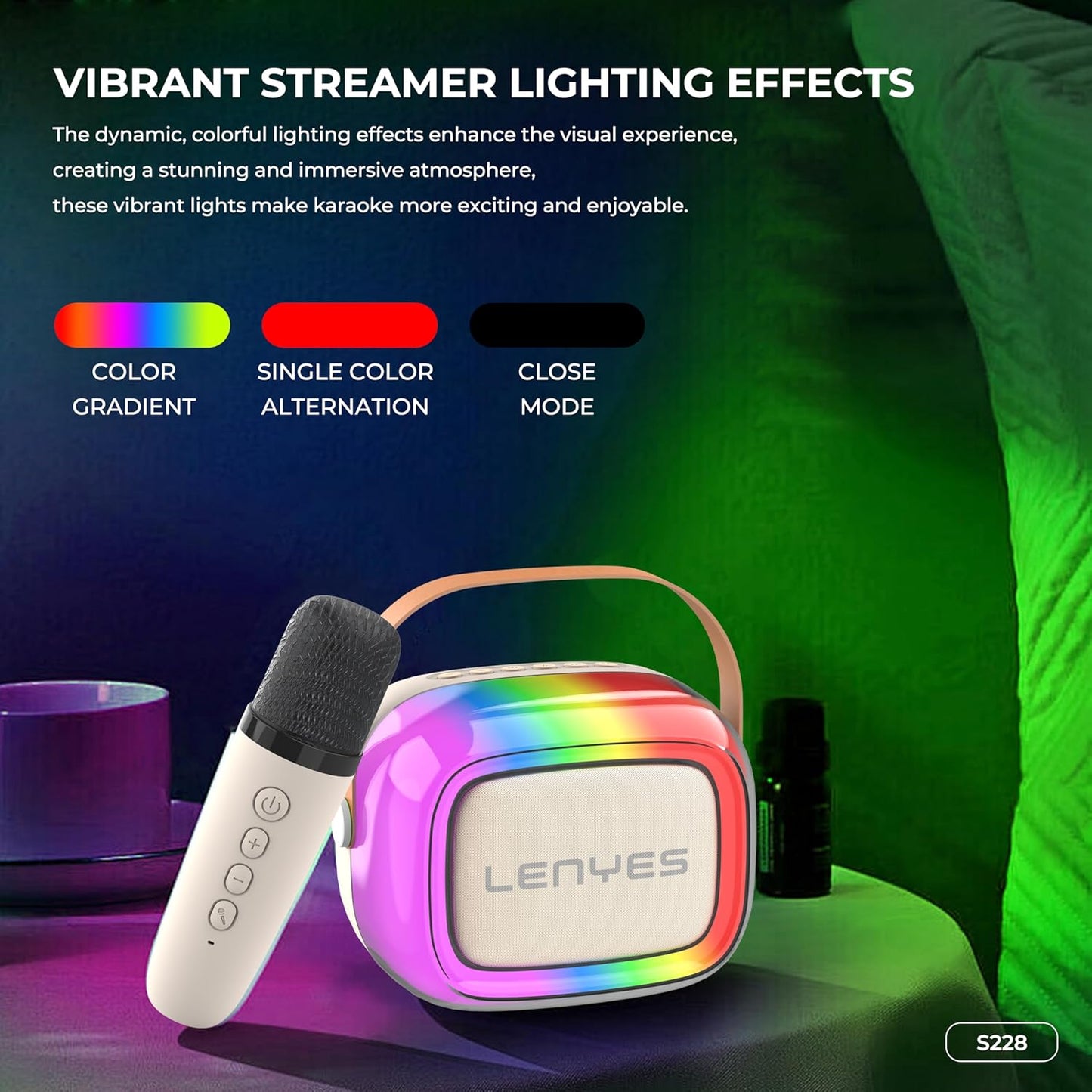 سبيكر LENYES S228 مع مايكروفون كاريوكي واضائة LED - بيجي | LENYES S228 Wireless Speaker With Microphone and LED Lights - Beige