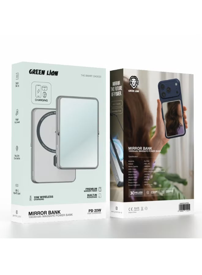 Green Lion Mirror Bank MagSafe Power Bank 10000mAh 20W PD 15W Wireless – Silver | باور بانك جرين لايون ميرور بانك MagSafe 10000ماه 20 وات فضي