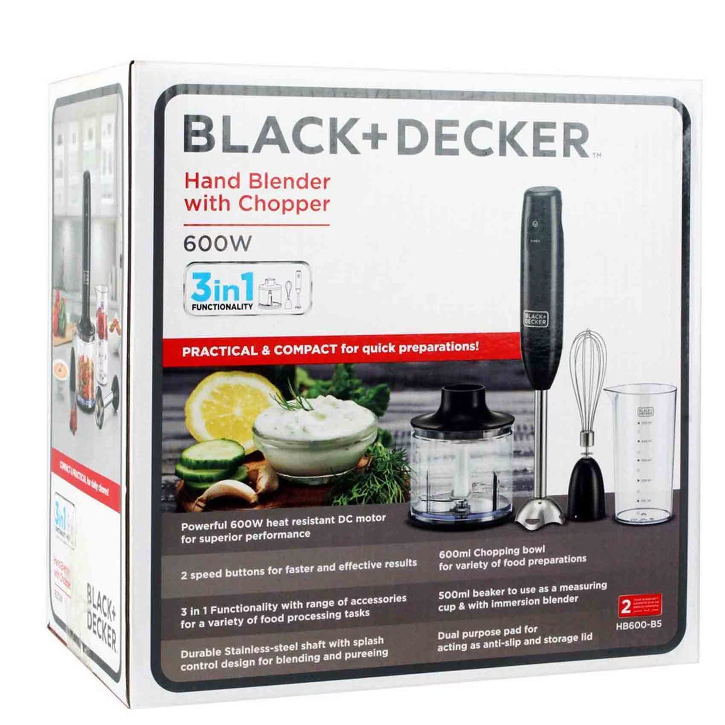 خلاط يدوي بلاك آند ديكر بقدرة 600 واط وبسعة 600 مل مع وعاء تقطيع وشفرات من الفولاذ | Black+Decker 600W 600ml Hand Blender with Chopping Bowl and Steel Blades