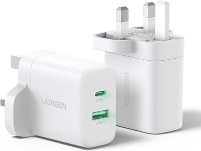 UGREEN 20W 2-Port Fast Charger UK White | شاحن سريع يوجرين 20 واط منفذين قابس بريطاني أبيض