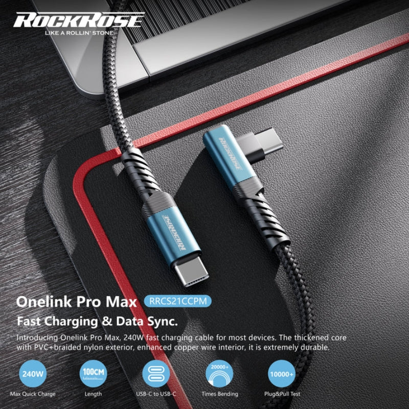 كيبل روك روز OneLink Pro Max تايب سي الى تايب سي بقدرة شحن 240 واط وطول 1 متر | RockRose OneLink Pro Max 240W USB-C to USB-C Right Angle Cable 1m