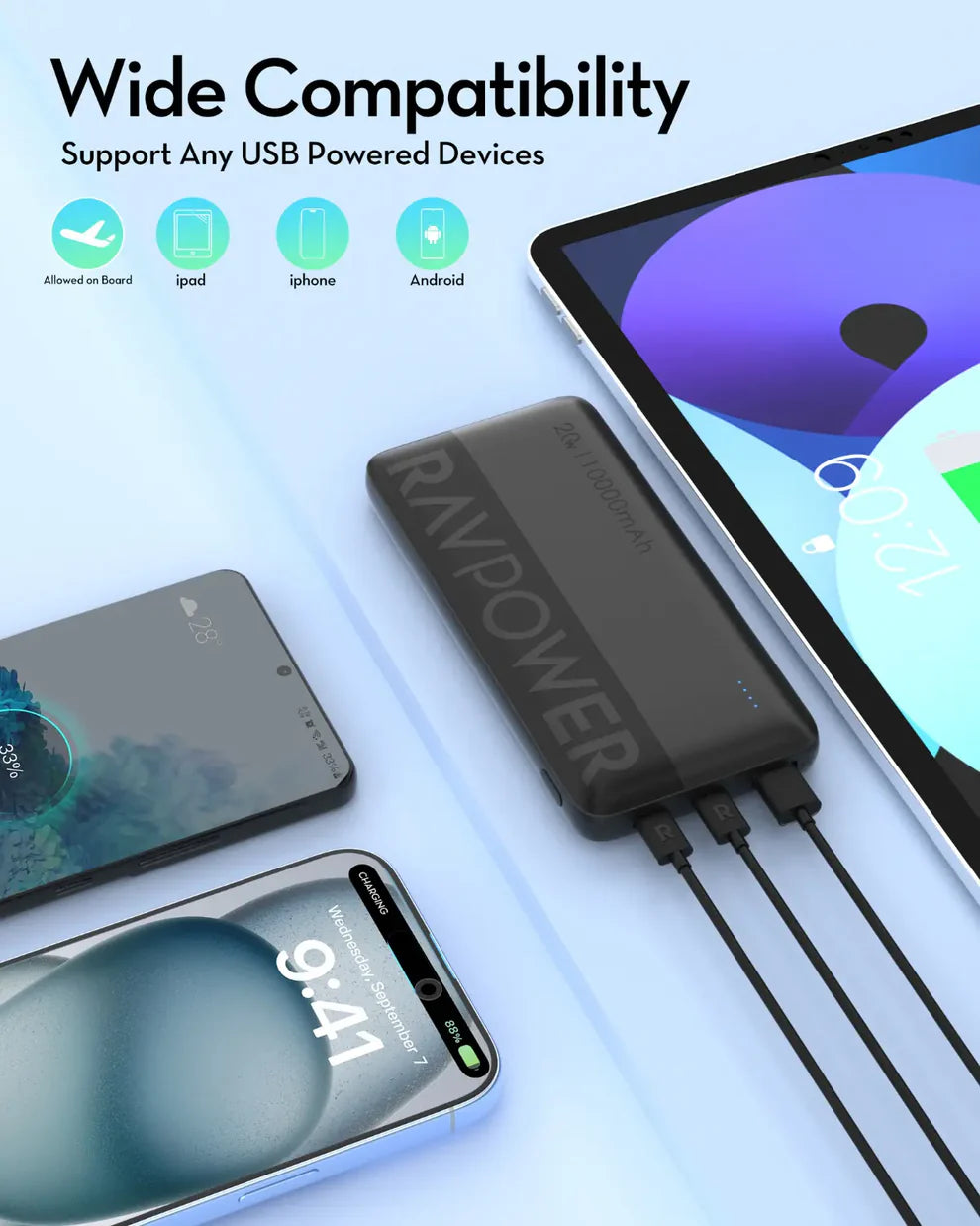 Bankeya Hêzê ya RAVPOWER PB1228 10,000mAh bi Şarjkirina 22.5W û 3 Portan - Reş | Bankeya Hêzê ya RAVPOWER PB1228 10,000mAh – Şarjkirina Bilez a 22.5W SCP &amp; 20W PD – Reş